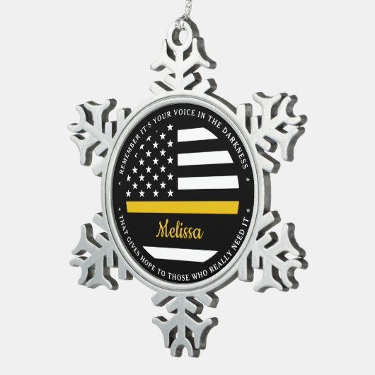 Dunne gouden lijn gepersonaliseerde vlag 911 Dispa Tin Sneeuwvlok Ornament (Rechts)