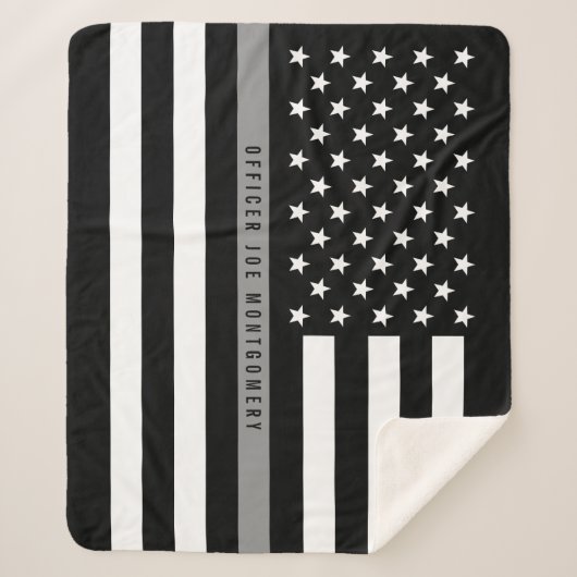 Dunne grijze lijn Amerikaanse vlag Monogram Med. Sherpa Deken (Voorkant)