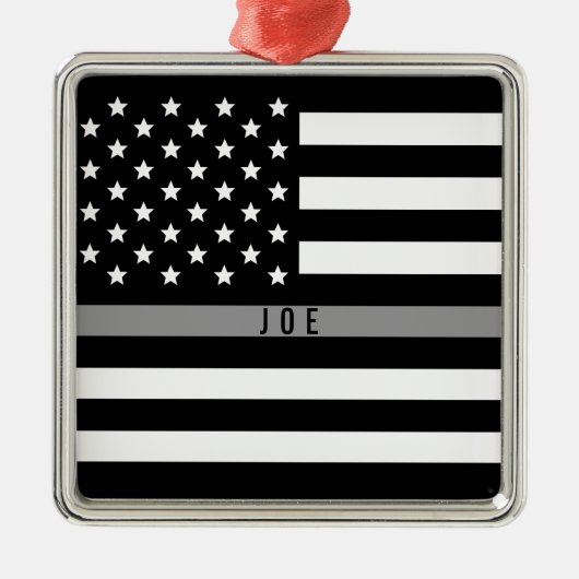 Dunne grijze lijn Amerikaanse vlag Monogram Metalen Ornament (Voorkant)