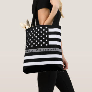 Dunne Grijze Lijn Amerikaanse Vlag Monogrammed Naa Tote Bag