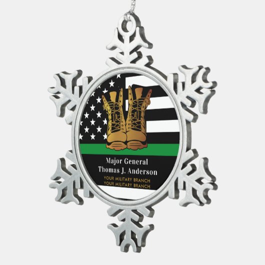 Dunne groene lijn gepersonaliseerde legerlaarzen m tin sneeuwvlok ornament (Rechts)