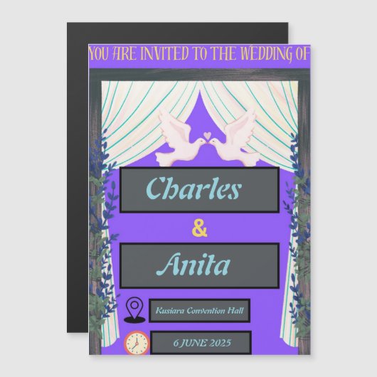 Dunne magnetische Paarse bruiloft uitnodiging Kaar Magnetische Uitnodiging (Voorkant / Achterkant)