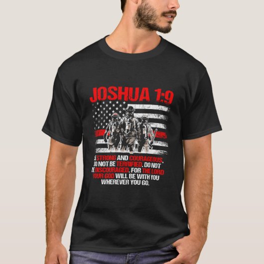 Dunne Rode Lijn Brandweer Bijbelvers Josua 19 T-shirt (Voorkant)