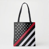 Dunne rode lijn brandweerman Amerikaanse vlag mono Tote Bag (Voorkant)