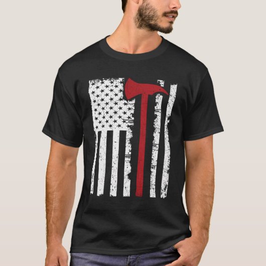 Dunne rode lijn brandweerman bijl Amerikaanse vlag T-shirt (Voorkant)