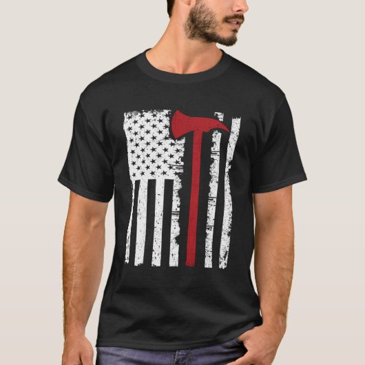 Dunne rode lijn brandweerman bijl Amerikaanse vlag T-shirt (Voorkant)