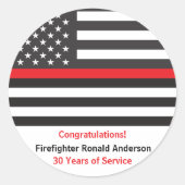 Dunne rode lijn brandweerman pensioen ronde sticker (Voorkant)