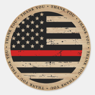 Dunne rode lijn rustieke vlag brandweerman dank u ronde sticker
