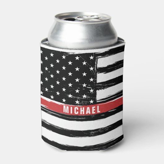 Dunne rode lijnbrandweerstand Vlaggengraat persona Blikjeskoeler (Blikje Voorkant)