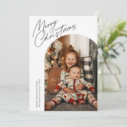 dunne script kerstboog feestdagenkaart (Staand voorkant)