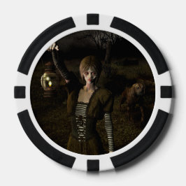 Dunne vrouw die lamp draagt poker chips