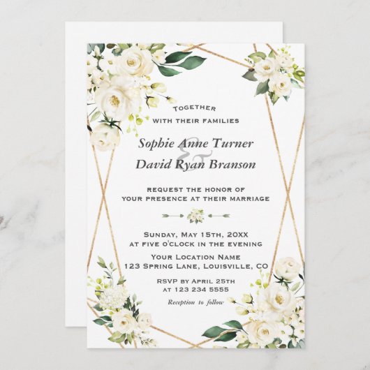 Dunne Witte Bloemen Gouden Monogram Bruiloft Kaart (Voorkant / Achterkant)