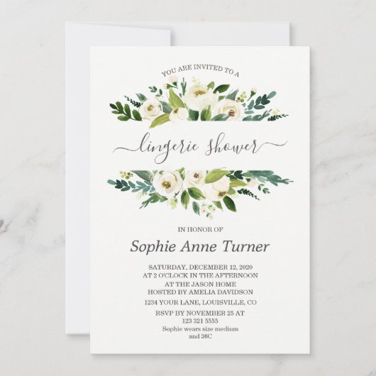 Dunne witte bloemencalligrafie lingerie shower kaart (Voorkant)