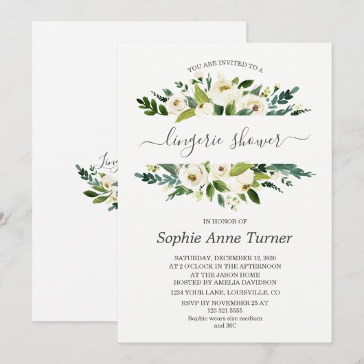 Dunne witte bloemencalligrafie lingerie shower kaart (Voorkant / Achterkant)