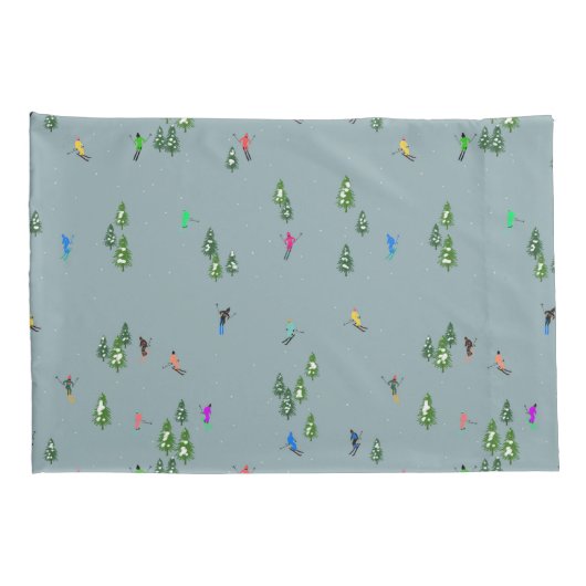 Duo Kleur Alpiene Skiers Pine Trees Blue White Kussensloop (Achterkant-Rechts)