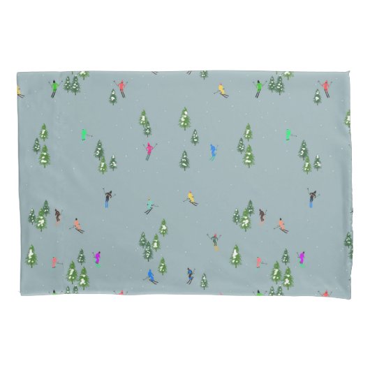Duo Kleur Alpiene Skiers Pine Trees Blue White Kussensloop (Voorkant-Links)