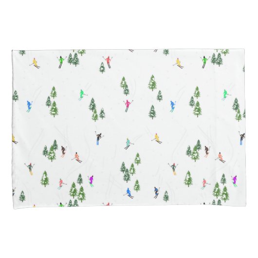 Duo Kleur Alpiene Skiers Pine Trees Blue White Kussensloop (Voorkant-Rechts)