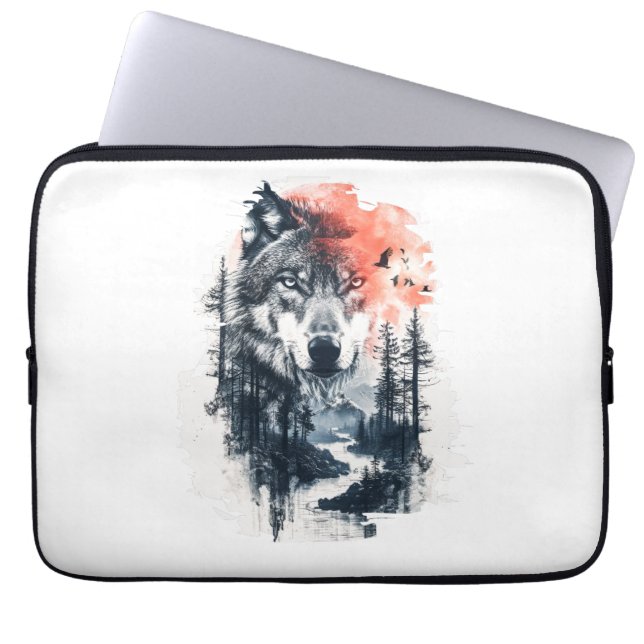 Duo Tone Wolf Illustratie Laptop Sleeve (Voorkant)