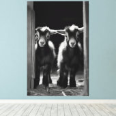 Duo van Monochromatische Baby Goats staan samen Canvas Afdruk (Insitu (Houten vloer))