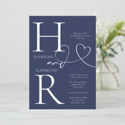 Duogram Marine Witte bruiloft repetitie diner Kaart (Staand voorkant)