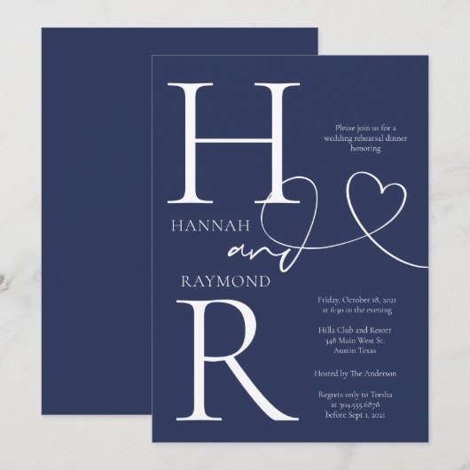 Duogram Marine Witte bruiloft repetitie diner Kaart (Voorkant / Achterkant)