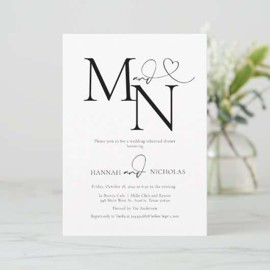 Duogram Witte bruiloft repetitie diner Kaart (Staand voorkant)