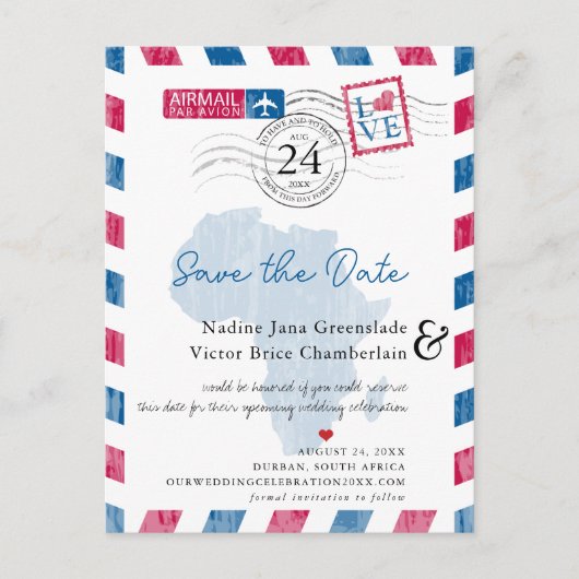 Durban South Africa Airmail Wedding Save the Date Aankondigingskaart (Voorkant)