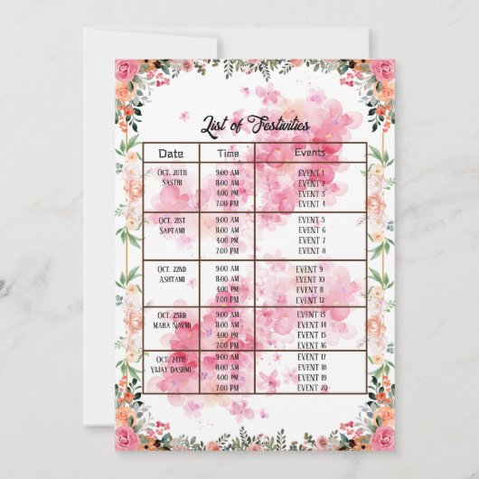 Durga Puja Navratri Bengaals Bloemenlijst Kaart (Achterkant)