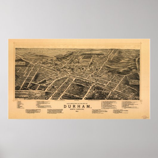 Durham N. Carolina 1891 Antiek Panorama Poster (Voorkant)