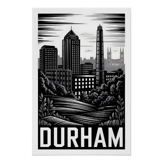 Durham North Carolina Zwart-Wit Houtsnede Perfect Poster (Voorkant)
