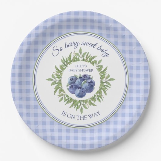 Dus Berry Sweet Blueberry Blue Plaid Baby shower Papieren Bordje (Voorkant)