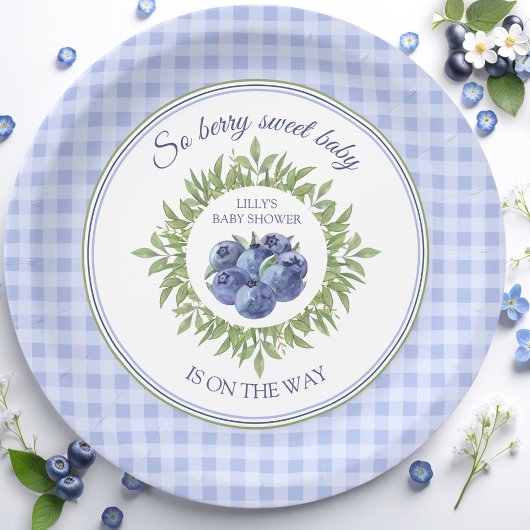 Dus Berry Sweet Blueberry Blue Plaid Baby shower Papieren Bordje