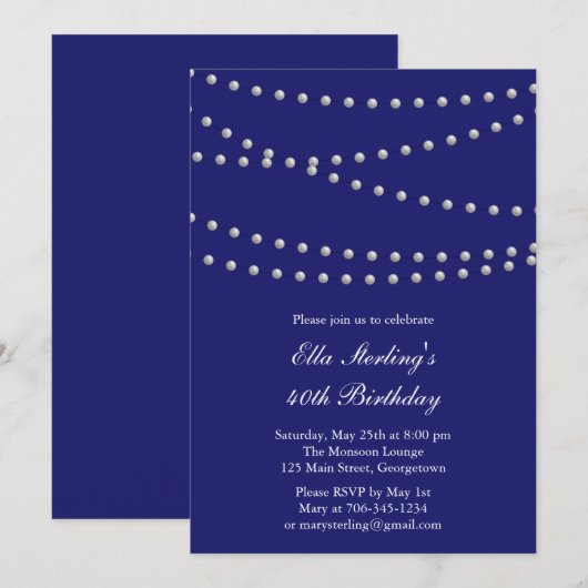 Dus Chic Pearls Birthday Invitation (indigo) Kaart (Voorkant / Achterkant)
