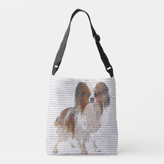 Dus Cute Papillon Dog - Brick Block Background Crossbody Tas (Achterkant)