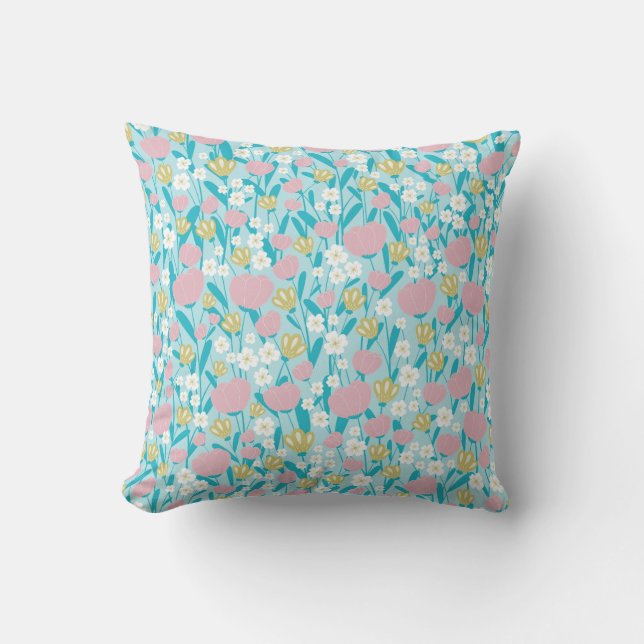 Dus Cutie 60s roze en blauw bloemenpatroon Kussen (Voorkant)