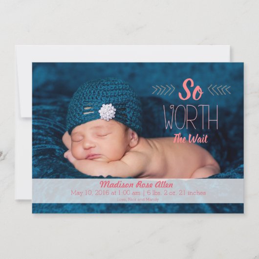 "Dus het wachten waard" adoptie of geboorte aankon Aankondiging (Voorkant)