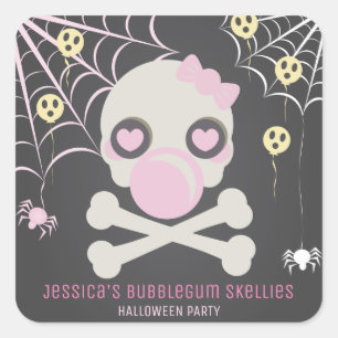 DUS PINK BUBBLEGUM SKELLIES HALLOWEN PARTIJ VIERKANTE STICKER
