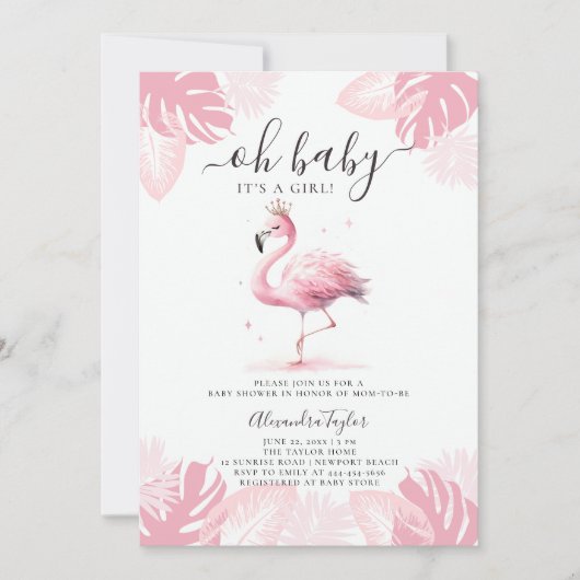 Dus roze flamingo tiara tropisch meisje Baby showe Kaart (Voorkant)