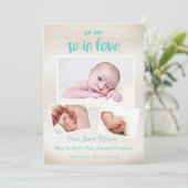 Dus verliefd baby jongen geboorte aankondiging (Staand voorkant)