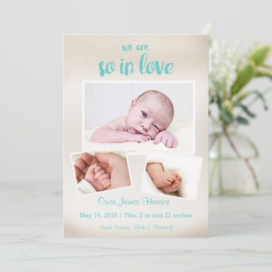 Dus verliefd baby jongen geboorte aankondiging (Staand voorkant)