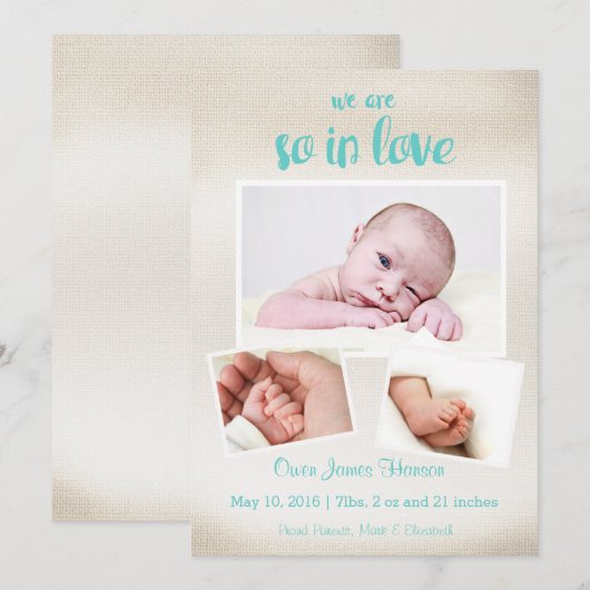 Dus verliefd baby jongen geboorte aankondiging (Voorkant / Achterkant)