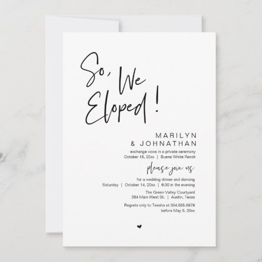 Dus, we zijn weggelopen, moderne bruiloft elopemen kaart (Voorkant)