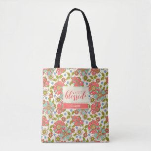 Dus zeer gebluste 70s Floral Pink & Aqua Tote Bag