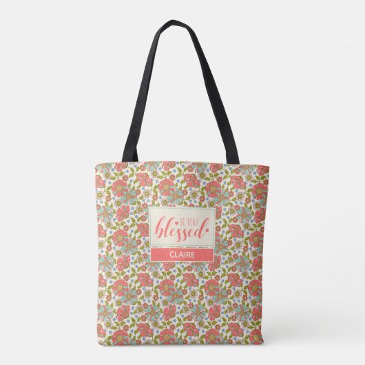 Dus zeer gebluste 70s Floral Pink & Aqua Tote Bag (Achterkant)