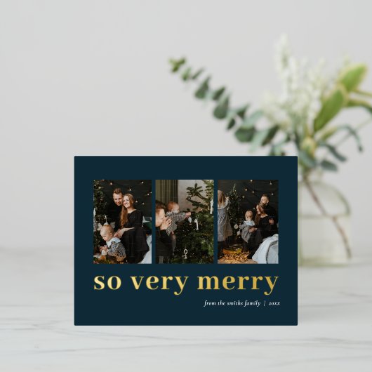 Dus zeer vrolijk blauw goud moderne 3 foto collage folie feestdagen briefkaart (Staand Voorkant)