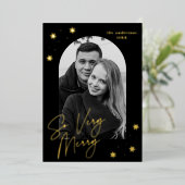 Dus zeer vrolijk script boogfoto zwart en goud folie feestdagenkaart (Staand Voorkant)