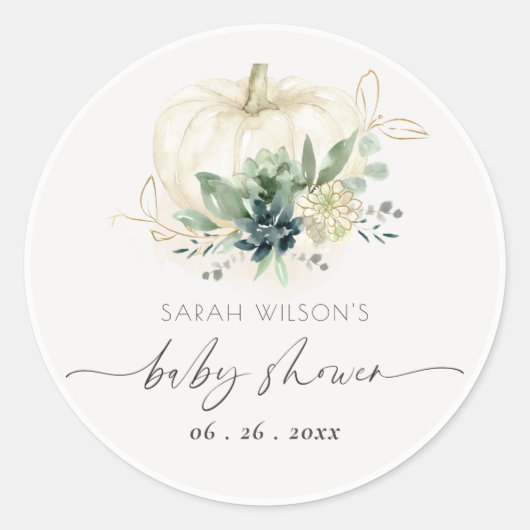 Dusblauw groene succulente pompoen babyshower ronde sticker (Voorkant)