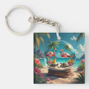 Dushi aruba strand globe met flamingo's sleutelhanger