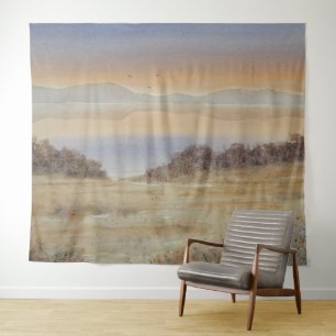 Dusk Lake Blush Waterverf Landscape Print Wandkleed