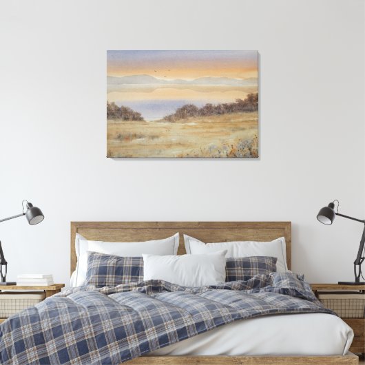 Dusk Lake Blush Waterverf Landschapsprint Canvas Afdruk (Insitu (Slaapkamer))